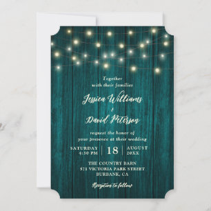 Invitación País Verde azulado Barn Wood String Lights Boda