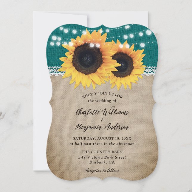 Invitación País Verde azulado Sunflower Burlap Lace Boda (Anverso)