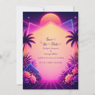 Invitación Paisaje de ensueño de boda neón puesta de sol retr