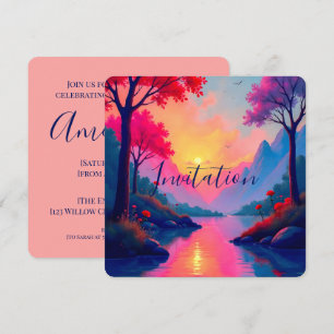 Invitación Paisaje de Fantasía Soñadora con Puesta de Sol Ros
