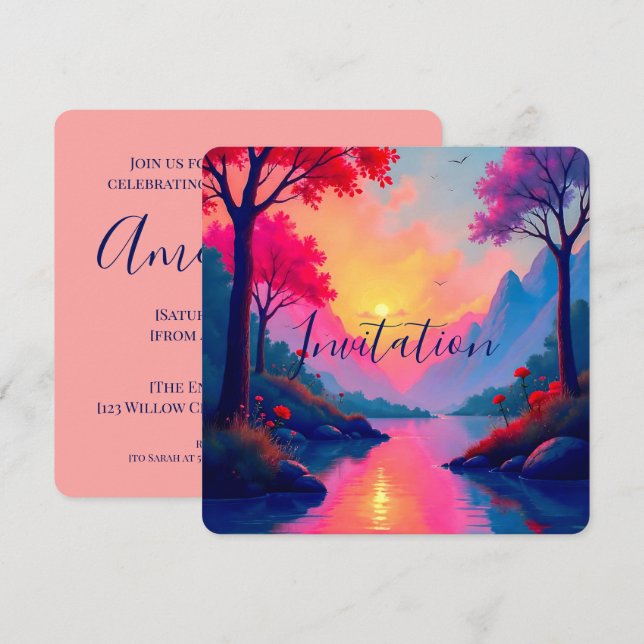 Invitación Paisaje de Fantasía Soñadora con Puesta de Sol Ros (Anverso / Reverso)