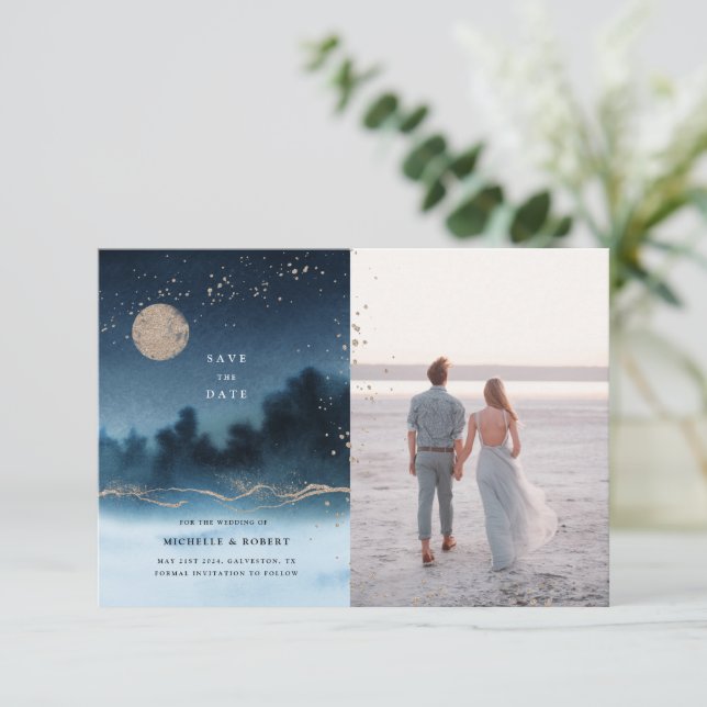 Invitación Paisaje De La Noche Azul Dos Foto Guardar La Fecha (Anverso de pie)