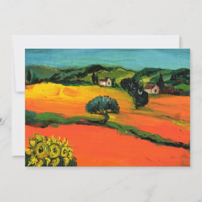 Invitación PAISAJE DE LA TOSCANA, azul verde amarillo naranja (Anverso)