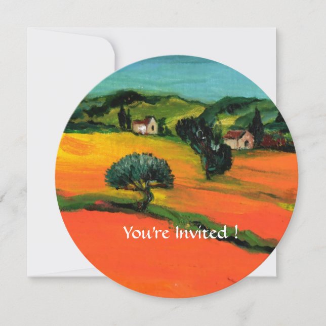 Invitación PAISAJE DE LA TOscana CON GIRASOLES naranja negro (Anverso)