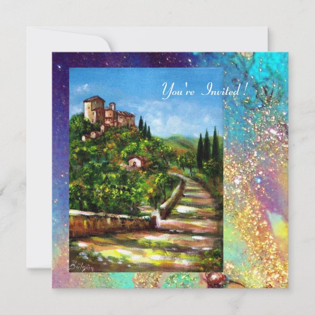 Invitación PAISAJE DE TOSCANA, brillantes de oro verde azul (Anverso)