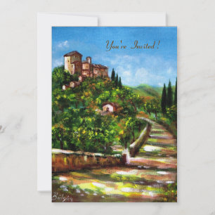 Invitación PAISAJE DE TOSCANA, brillantes dorados rojos verde