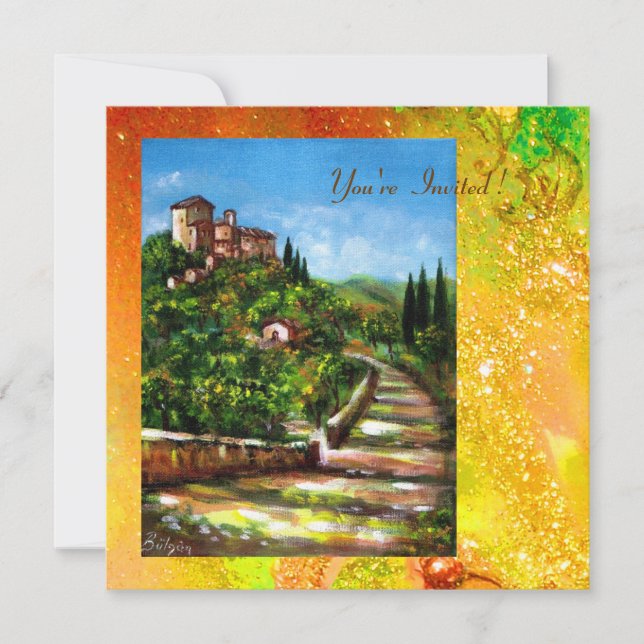 Invitación PAISAJE DE TOSCANA, brillantes dorados rojos verde (Anverso)