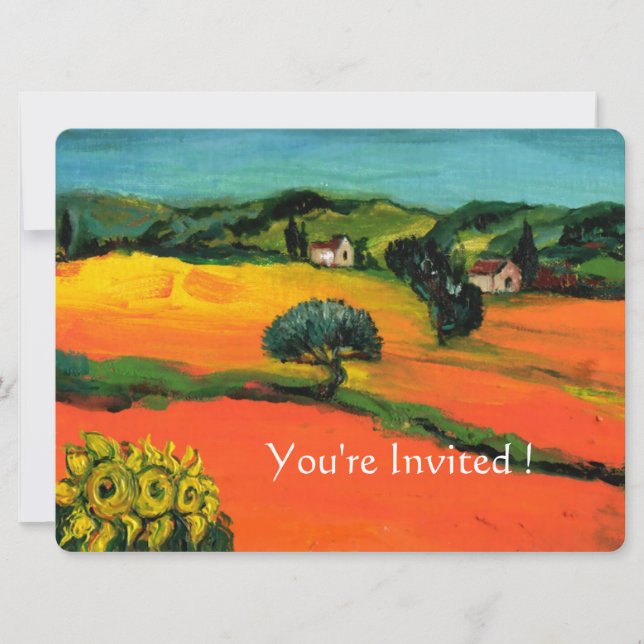 Invitación PAISAJE DE TOSCANA CON FLORES naranja negro (Anverso)
