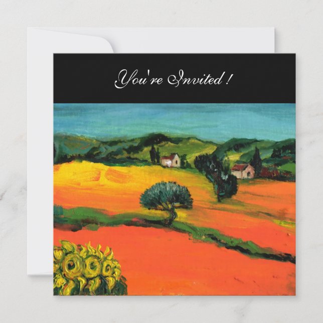 Invitación PAISAJE DE TOSCANA CON FLORES naranja negro (Anverso)