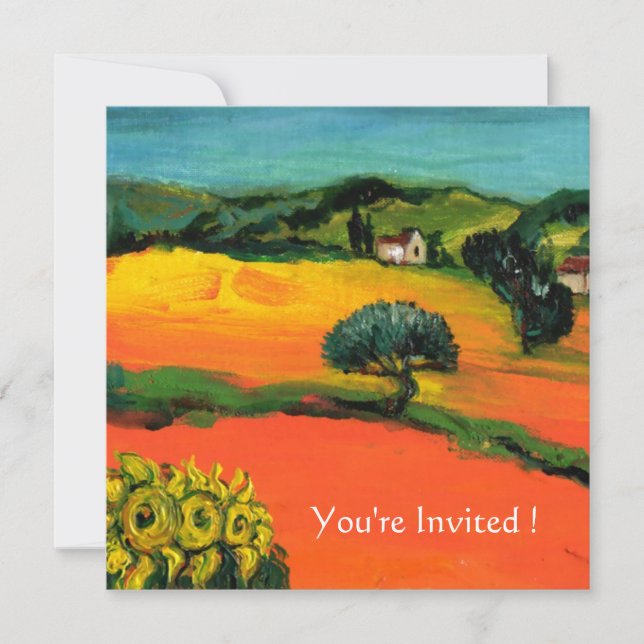 Invitación PAISAJE DE TOSCANA CON FLORES naranja negro (Anverso)