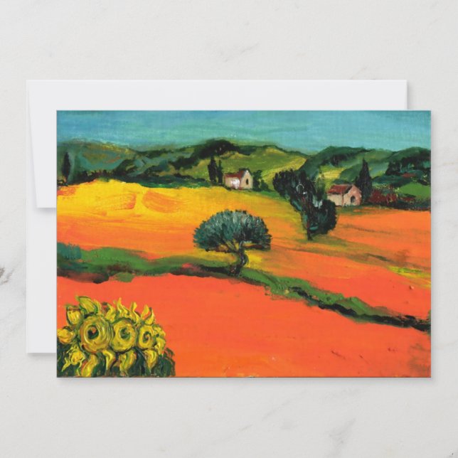 Invitación PAISAJE DE TOSCANA , naranja amarillo verde azul (Anverso)