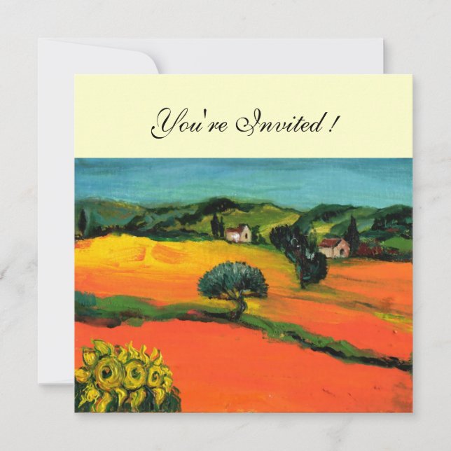 Invitación PAISAJE DE TOSCANA , naranja amarillo verde azul (Anverso)