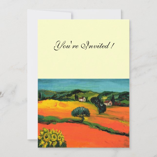 Invitación PAISAJE DE TOSCANA , naranja amarillo verde azul (Anverso)