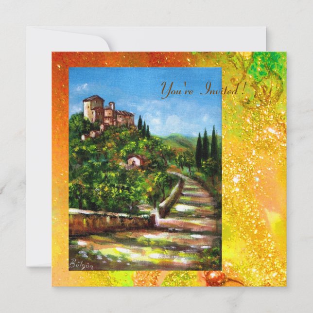 Invitación PAISAJE DE TOSCANA, rojo verde amarillo oro destel (Anverso)