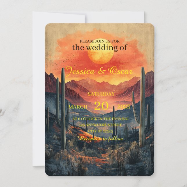 Invitación Paisaje del desierto dorado con Cacti silueta (Anverso)