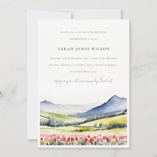 Invitación Paisaje floral de primavera rural mínimo Cumpleaño (Anverso)
