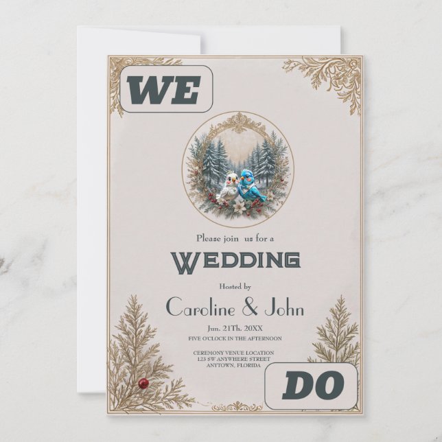 Invitación Paisaje invernal con una linda pareja de bodas de  (Anverso)