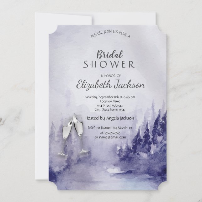 Invitación Paisaje invernal violeta Bridal Shower copa de vin (Anverso)