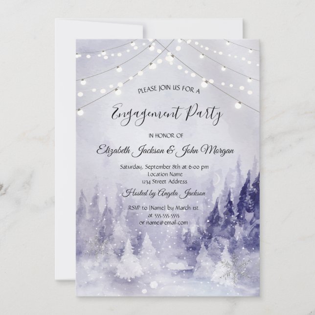Invitación Paisaje invernal violeta de nieve compromiso (Anverso)