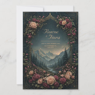 Invitación Paisaje montañoso y boda con arco floral