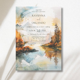 Invitación Paisaje Rústico Montaña Lago Boda de Otoño