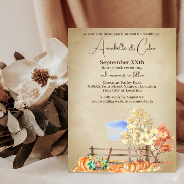 Invitación Paisaje rústico otoñal Árboles y calabazas pergami (Subido por el creador)
