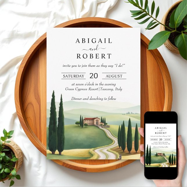 Invitación Paisaje toscano con villa y boda de ciprés (Subido por el creador)