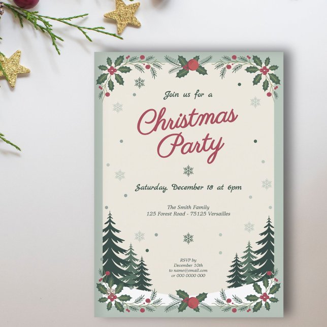 Invitación Paisaje y árboles de nieve - Fiesta de Navidades (Snowy Landscape & Fir Trees - Christmas Party Invitation)
