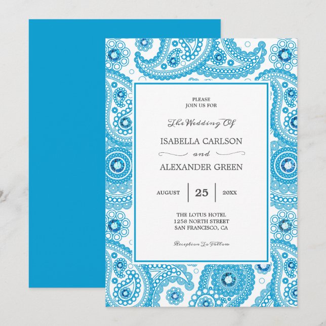 Invitación Paisley azul con Boda de diamantes (Anverso / Reverso)