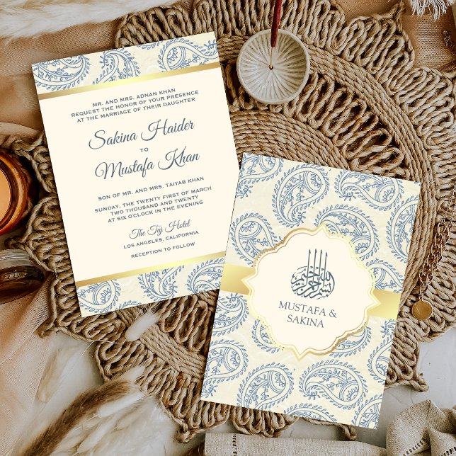 Invitación Paisley azul y oro Boda musulmana islámica (Subido por el creador)