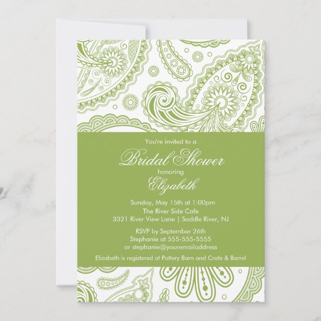 Invitación Paisley Bridal Shower Chartreuse Verde (Anverso)
