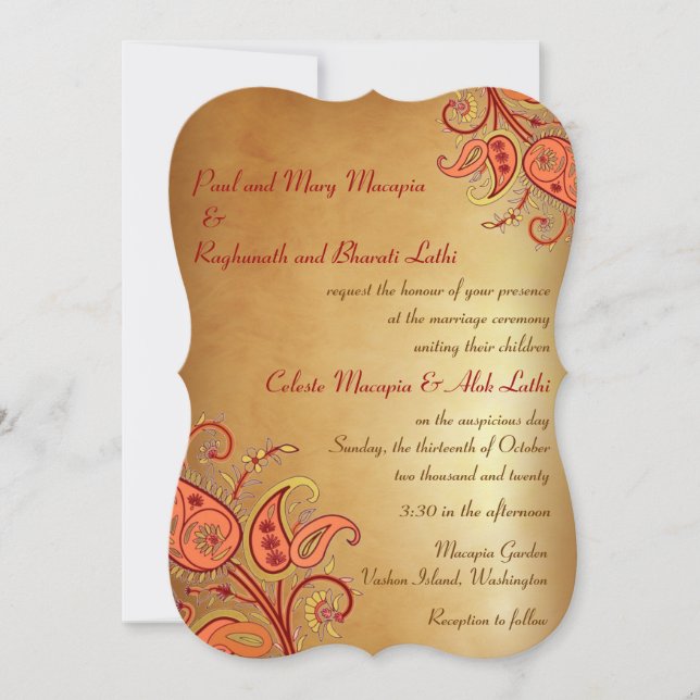 Invitación Paisley Floral Gold Naranja rojo Boda indio (Anverso)