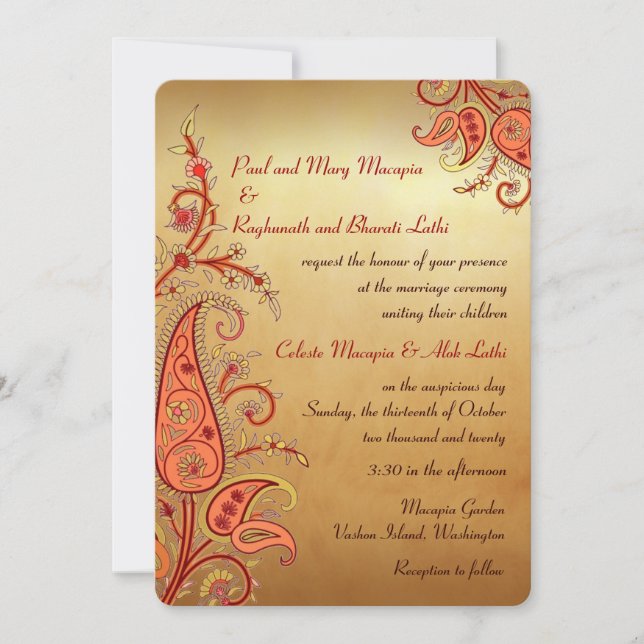 Invitación Paisley Floral Gold Red Naranja Boda indio (Anverso)