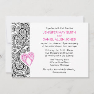 Invitación Paisley Heart Hot Pink And Black Wedding Invitan