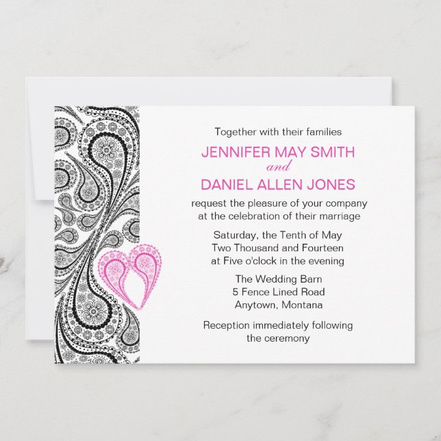 Invitación Paisley Heart Hot Pink And Black Wedding Invitan (Anverso)