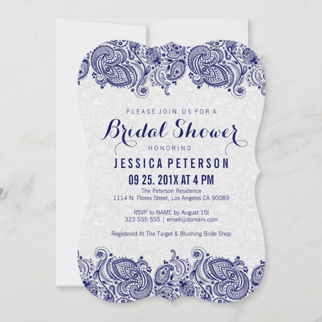 Invitación Paisley Lace azul y blanco de la marina (Anverso)