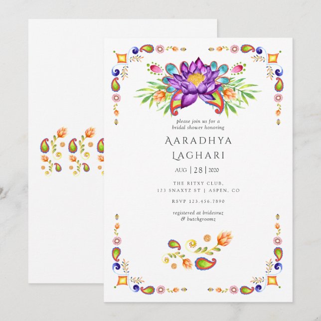 Invitación Paisley Lotus Flower Indian Briower (Anverso / Reverso)