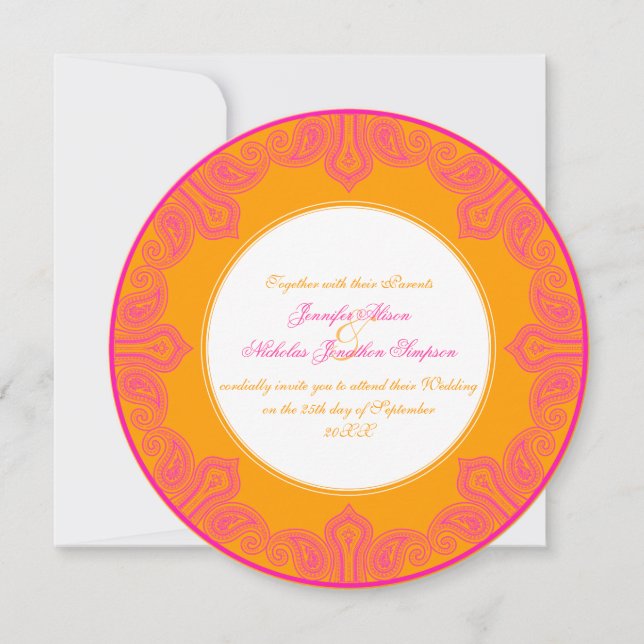 Invitación Paisley Mandala Boda Naranja y rosa tropical (Anverso)