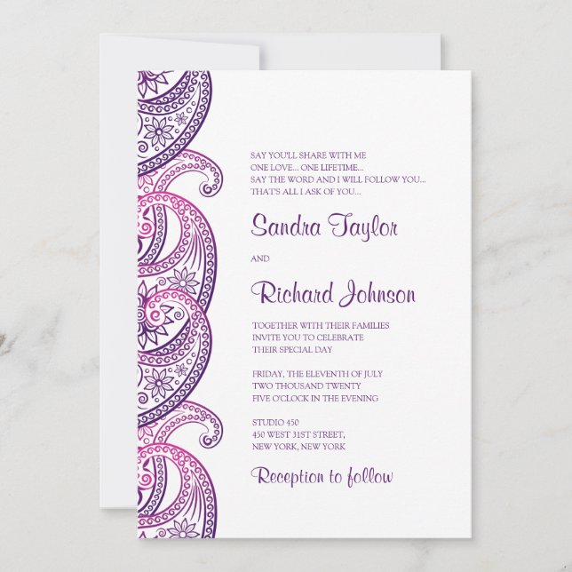 Invitación Paisley morado y rosado Boda indio tradicional (Anverso)