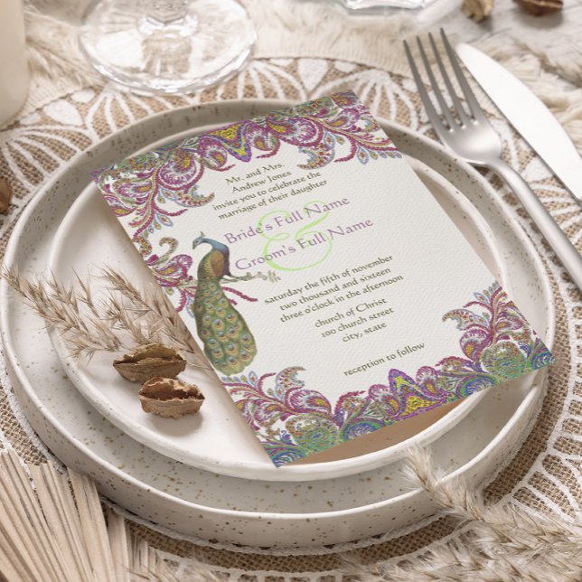 Invitación Paisley Peacock Rosa y Boda Verde (Subido por el creador)
