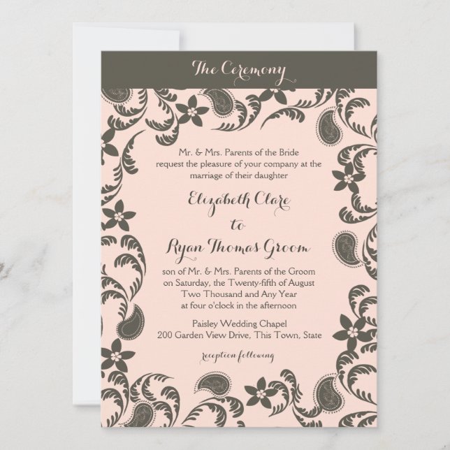 Invitación Paisley rosa y marrón (Anverso)