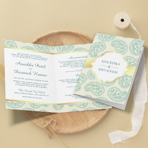Invitación Paisley Tradicional Indio de Boda en Verde Ácido y