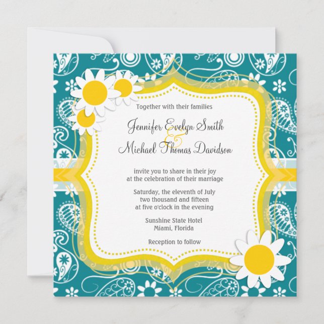 Invitación Paisley turquesa oscuro; Daisy (Anverso)