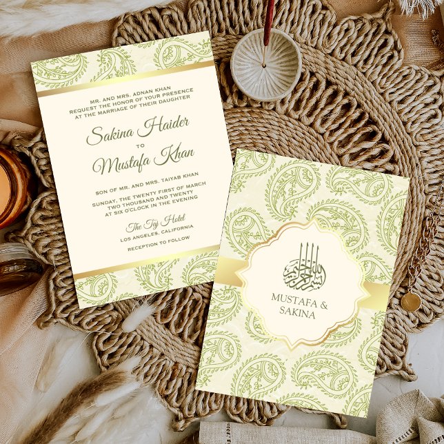 Invitación Paisley verde y oro islámico Boda musulmana (Subido por el creador)