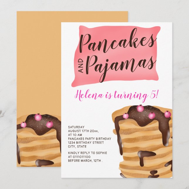 Invitación Pajama de panqueque ilustracion de 5 años (Anverso / Reverso)