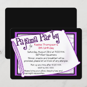 Invitación Pajama Fiesta en negro y púrpura