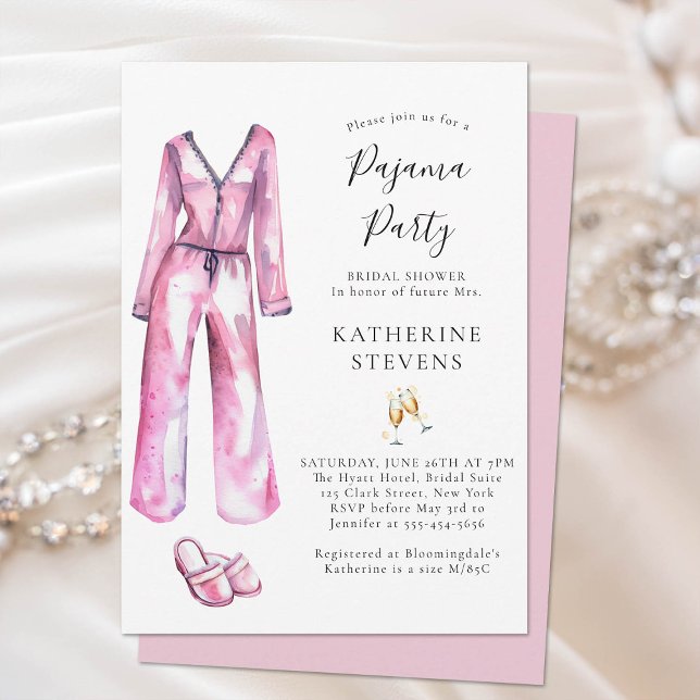 Invitación Pajama Fiesta PJ Lingerie Slumber Brimber Shower (pajama party bridal shower invitation watercolor pj slippers champagne elegant pink lingerie classy)