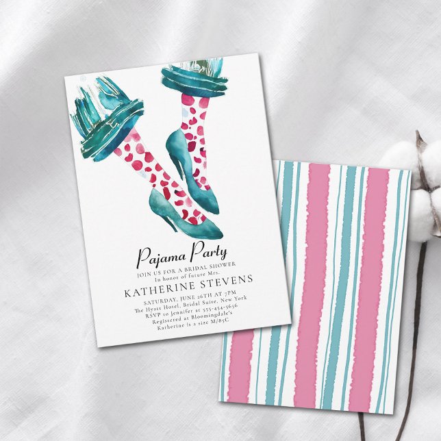 Invitación Pajama Fiesta rosado Verde azulado PJ Stilettos Br (pajama party bridal shower invitation whimsical watercolor unique original art pj stilettos cute)
