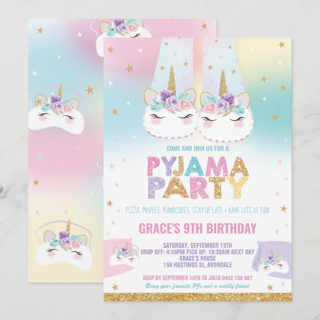 Invitación Pajama, partido de cumpleaños de Pajama, Unicornio (Anverso / Reverso)