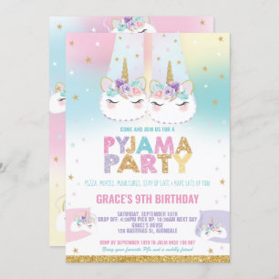 Invitación Pajama, partido de cumpleaños de Pajama, Unicornio
